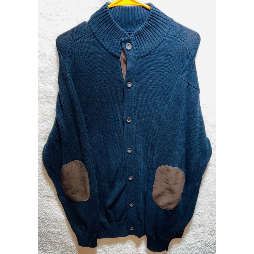 Chaps Mens Large Navy Elbow Patch Button-Up Cardigan Sweater With Ribbed Collar